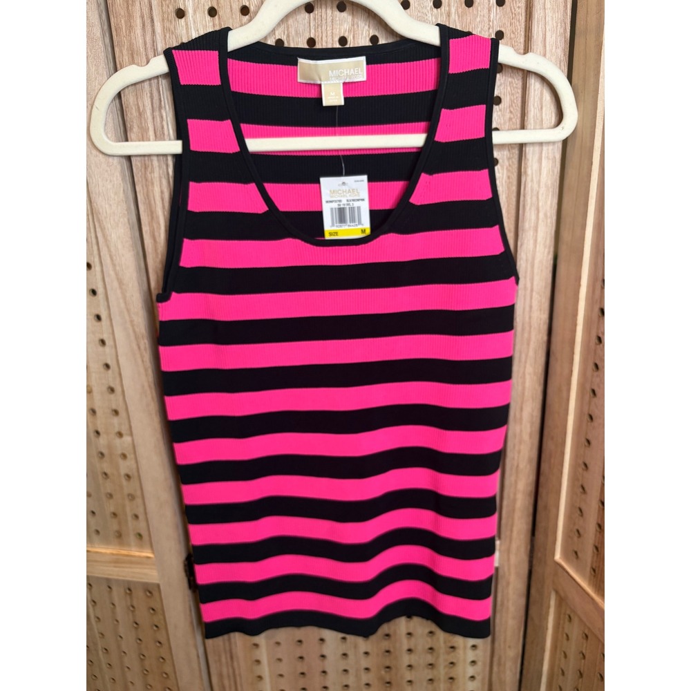 Michael Michael Kors Neon Pink Black Striped Ribbed Tank Top Womens Medium NWT